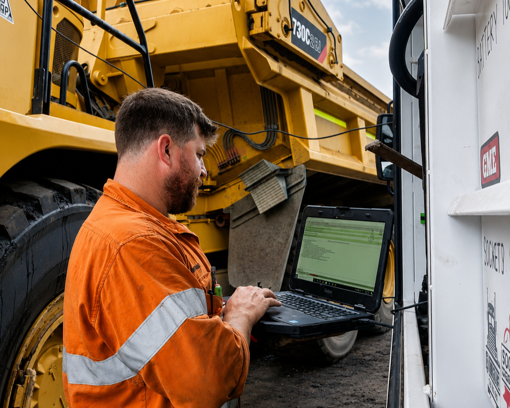 Technician carrying out electronic diagnostics on heavy equipment