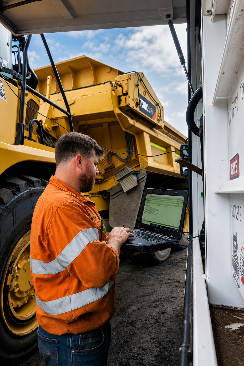 McCarthy technician diagnosing heavy equipment with a laptop